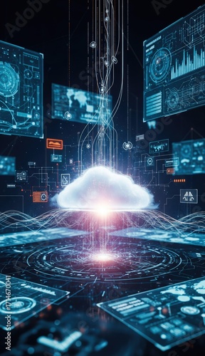 A cloudcentered technology image featuring monitors data streams and circular designs in shades of blue and white