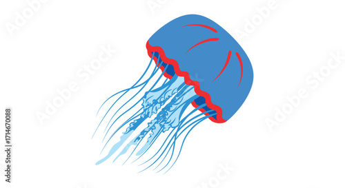 A vibrant blue jellyfish gracefully drifts through the ocean currents with its long tentacles flowing behind it.