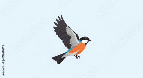 Illustration of a flying bird with orange and blue feathers for avian wildlife and nature enthusiasts art 100