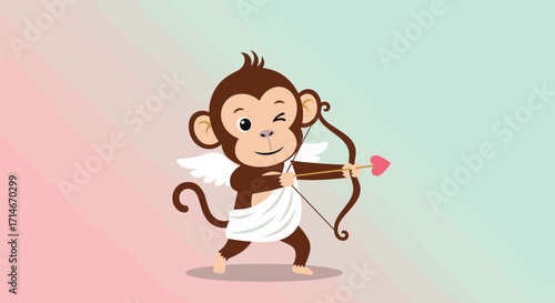 A cute monkey dressed as cupid holding a bow and arrow with a heart shaped tip.