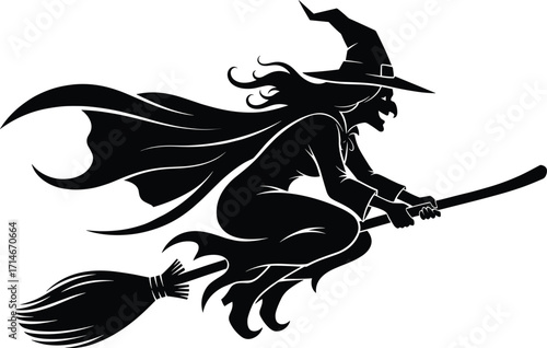 Witch silhouette flying on broomstick, Halloween fantasy vector, spooky female witch with hat and cape, magical folklore illustration for seasonal design