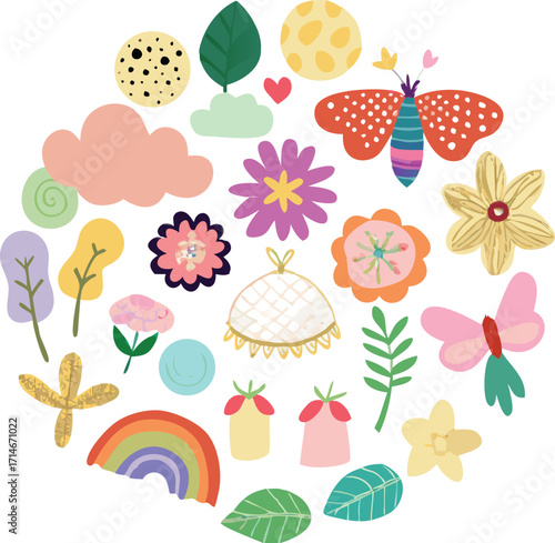 Floral Doodle Garden with Butterfly and Rainbow Vector