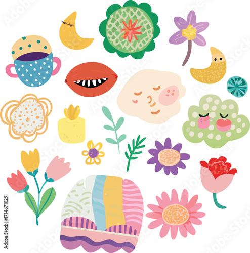 Quirky Doodle Faces and Nature Illustration Vector