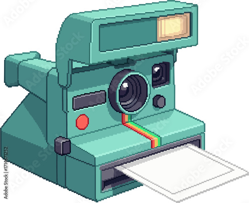A pixelated illustration of a vintage teal Polaroid camera, displaying a white instant photo.