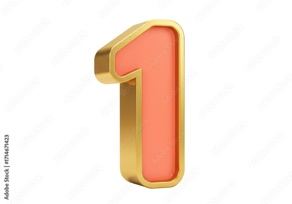 Ταπετσαρία Isolated one numeral 3D render with shiny golden frame, peach-colored filling, n