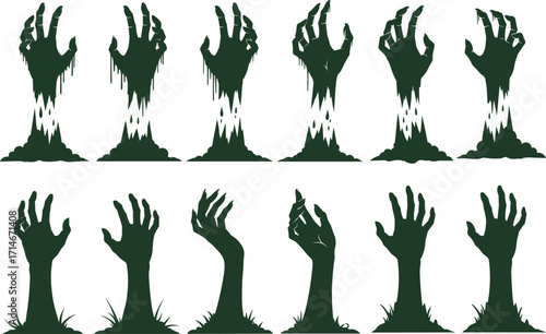 Zombie hands rising from ground, spooky silhouette vector set, Halloween horror clipart, undead arms, graveyard scene, scary illustration collection