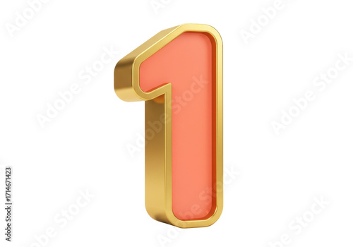 Photos Isolated one numeral 3D render with shiny golden frame, peach-colored filling, n
