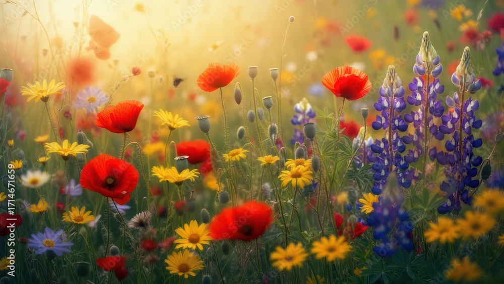 Fototapeta premium Wildflowers in field with sunlight