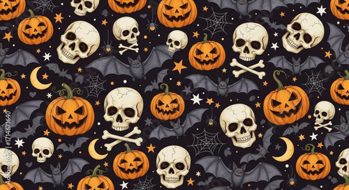 Halloween Seamless Pattern with Pumpkins, Skulls, and Bats for Festive Decorations
