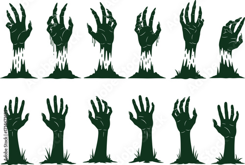 Zombie hands vector set, horror Halloween clipart, undead arms rising from ground, spooky silhouette collection, scary poses, graveyard theme, creepy art