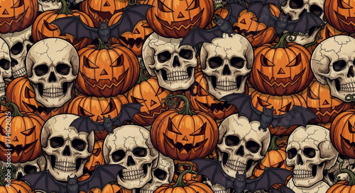 Halloween Seamless Pattern with Pumpkins, Skulls, and Bats for Festive Decorations