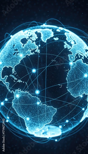 A glowing blue digital globe with networks connecting continents