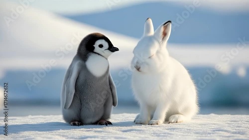 A fluffy baby penguin and a white rabbit sit side-by-side on a snowy surface, with a blurred icy background.