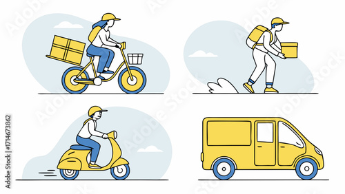 Delivery service people and vehicles with packages