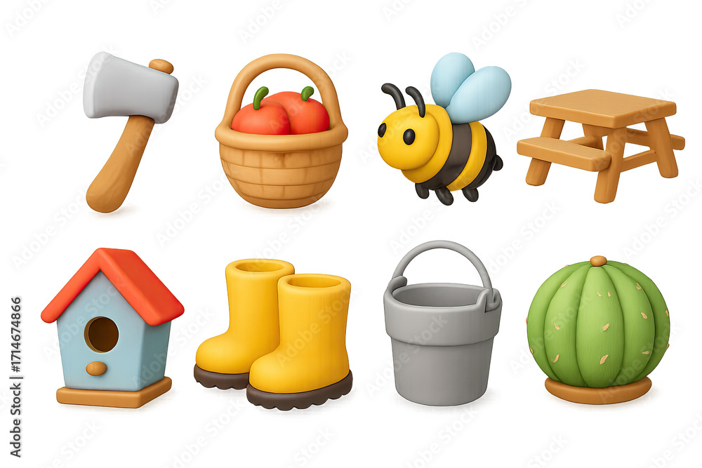 Fototapeta premium Cute clay icons of gardening tools and nature elements set on textured backgr…