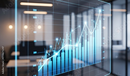 A luminous blue bar and line graph is superimposed over an office interior showing an upward trend