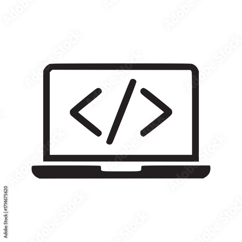 Vector art of laptop with coding symbol on screen icon of software development, programming, and web design modern design for websites, apps, and presentations vector illustration