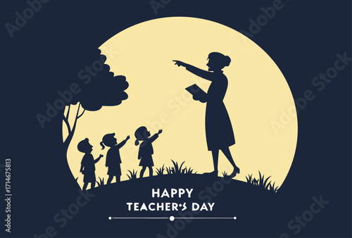 Teacher inspiring students under a large full moon silhouette