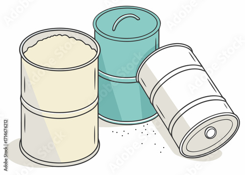 Three cylindrical containers with contents and spilled granules