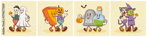 Groovy Halloween Retro Characters Set. Cartoon Pumpkin, Pie, Witch, Cat, Tombstone and Skeleton. Vector Autumn Holiday Mascot Templates. Happy Vintage Cool Scary Personage Illustrations Isolated