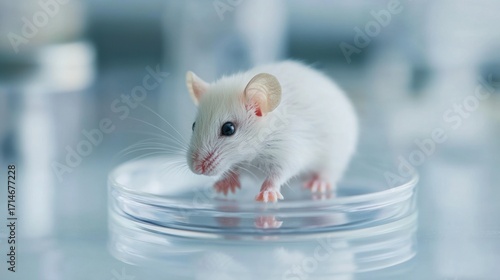 White laboratory mouse sitting on a glass petri dish, bright clean lighting, blurred scientific lab background.