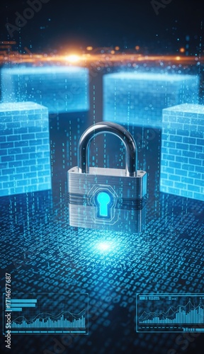 A padlock stands amidst digital data flanked by bricklike structures beneath a bright light