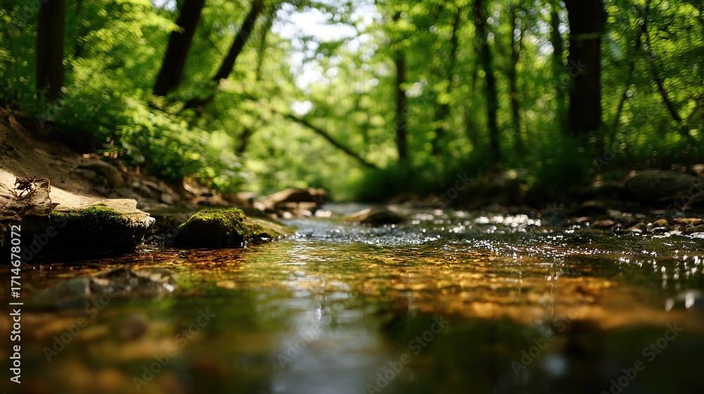Fototapeta premium Sunlit forest stream with clear water flowing over mossy rocks, dappled light through canopy creating soft light shafts
