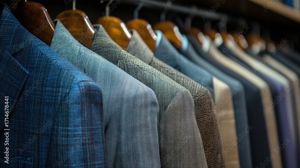 Obraz premium A row of men's suits hanging on a rack in a clothing store.