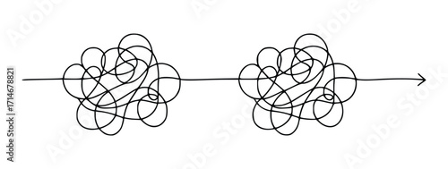 A single line forms two tangled knots, then straightens into an arrow, symbolizing a complex journey
