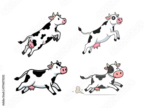 Cartoon Cows in Dynamic Poses Leaping Running and Jumping with Joyful Energy