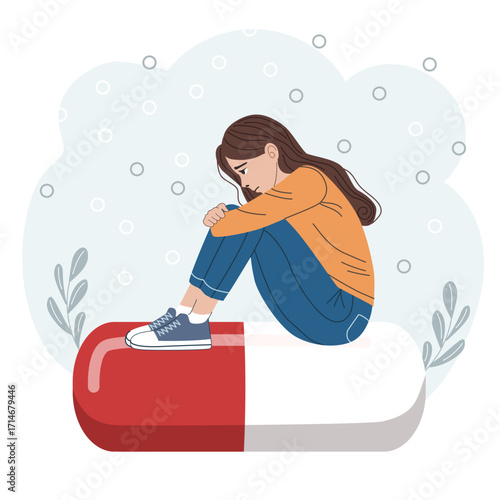 Sad woman sitting on large pill. Medicine overdose effect or antidepressant concept. Mental health and treatment for depression.