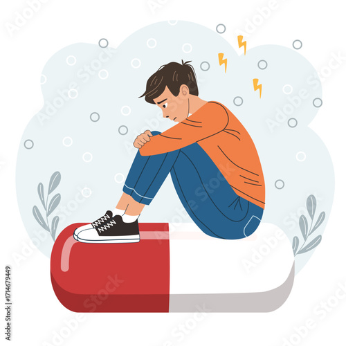 Sad man sits on medical pill with lightning bolts above his head. Concept of headache, depression, or side effects from medication and mental health.