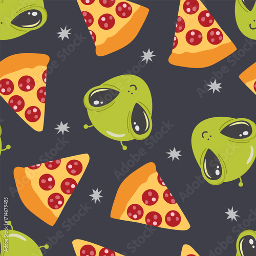 Green aliens and pizza slices seamless pattern. Funny space concept. Kids textile design.