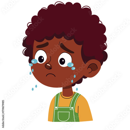 Young sad african american boy crying with tears streaming down his face, depicting sadness and emotional distress for child psychology resources.