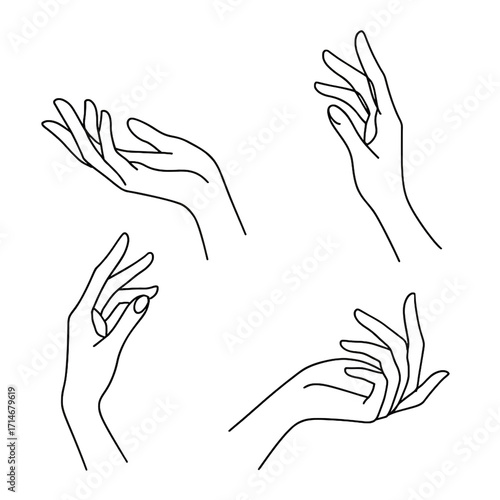 Minimalist line art illustration of human hands in elegant poses. outline of hand.