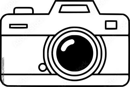 minimalist black and white drawing of a camera icon, simple design, clean lines, vector illustration, graphic symbol, modern art