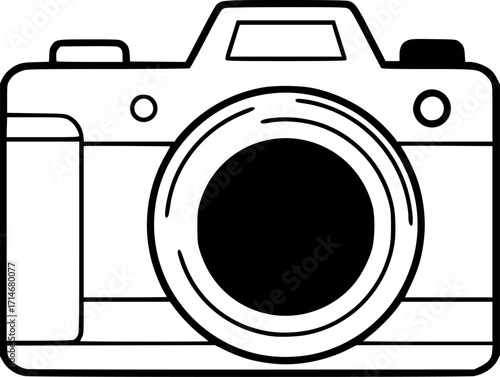 minimalist black and white drawing of a camera icon, simple design, clean lines, vector illustration, graphic symbol, modern art