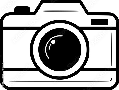 minimalist black and white drawing of a camera icon, simple design, clean lines, vector illustration, graphic symbol, modern art