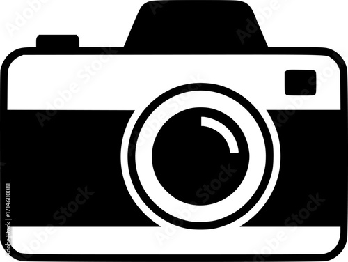 minimalist black and white drawing of a camera icon, simple design, clean lines, vector illustration, graphic symbol, modern art