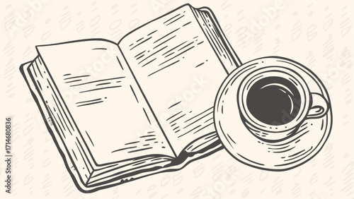 Open book with blank pages and a cup of coffee on a saucer in a monochrome line art illustration