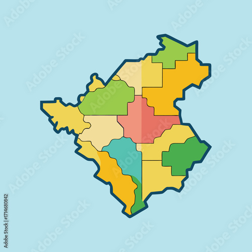 Colorful abstract map with distinct regions outlined in dark blue on teal background