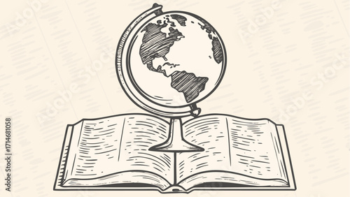 Globe atop an open book with visible continents and sketched design creating a vintage educational feel