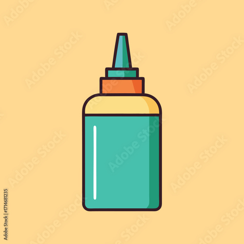 Cartoon style image of a turquoise squeeze bottle with orange cap