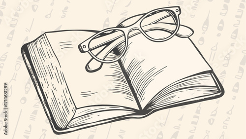 Illustration of open book with visible pages and glasses on top with hieroglyphics background design