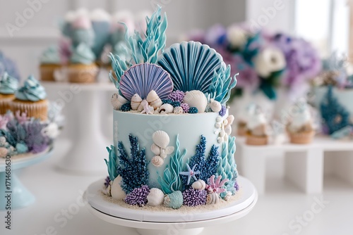 An ocean-themed birthday with a cake featuring edible seaweed and seashells, set against a beach-inspired backdrop for a vibrant atmosphere