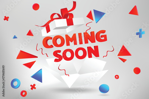 Vector art of coming soon announcement with gift box and confetti