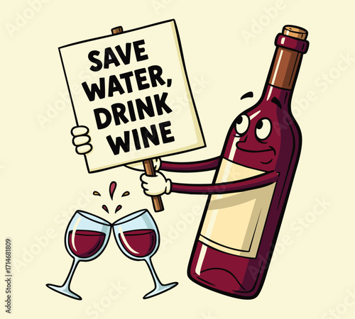 Save Water Drink Wine Funny Cartoon Bottle with Toasting Glasses Illustration