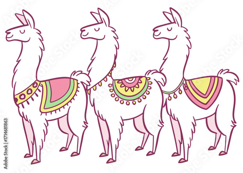 Three adorable cartoon llamas in colorful blankets