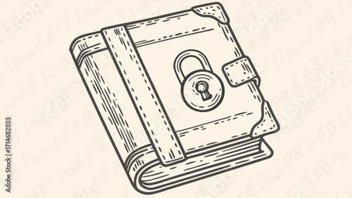 Illustration of a closed and locked book with a strap and metal corners in a line art style drawing