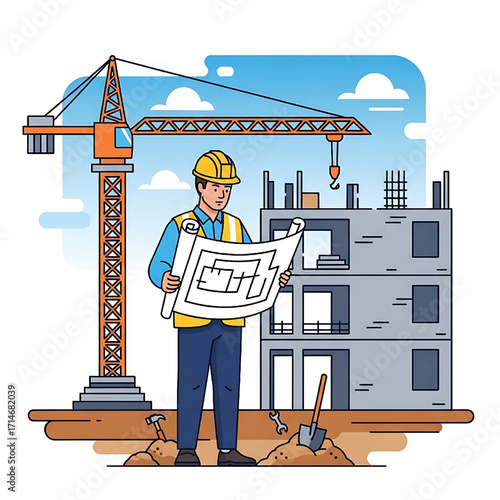 Construction worker architect with blueprint at building site crane vector illustration